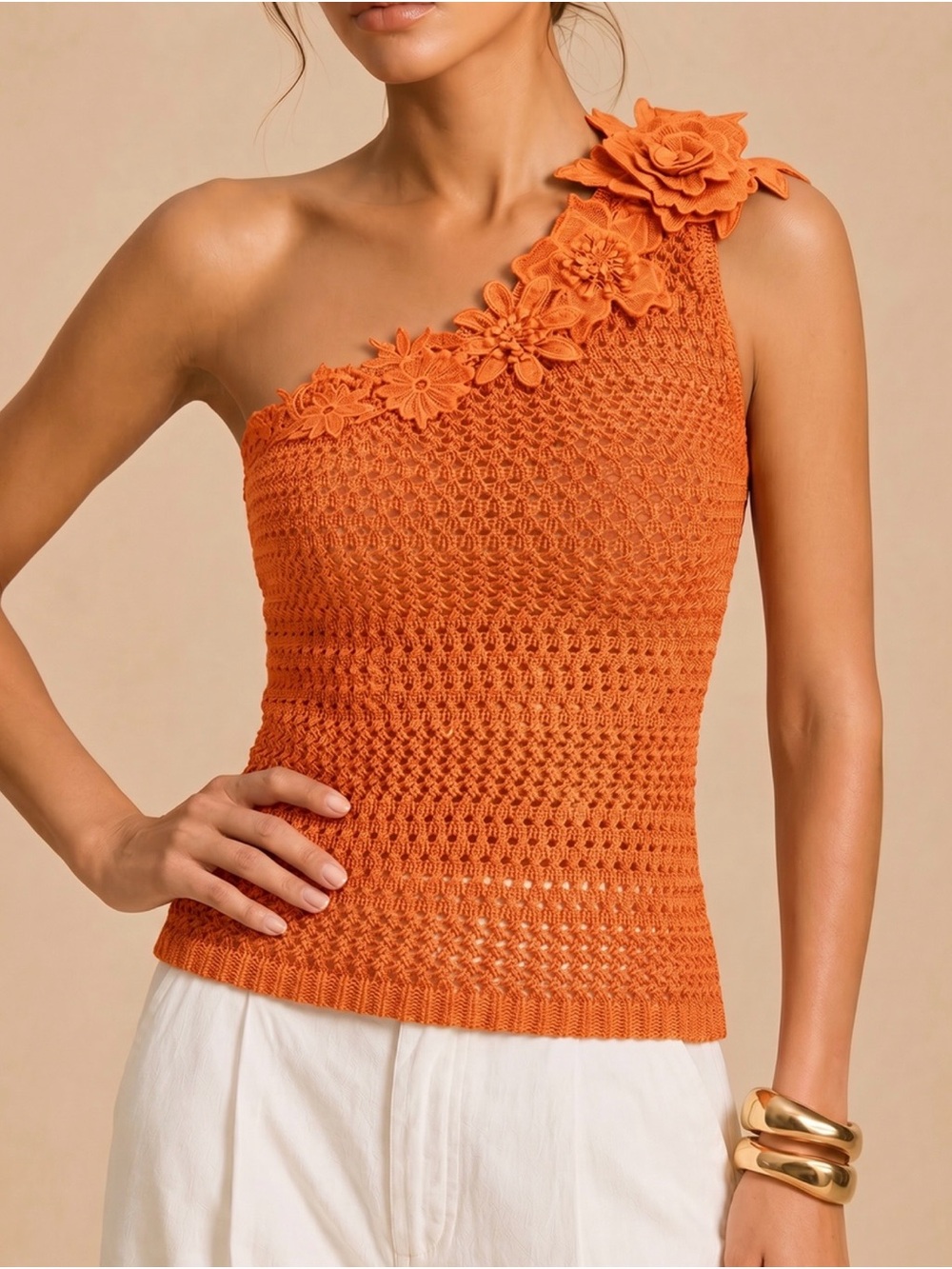 Commense One-Shoulder Crochet Tank with Floral Applique - Orange